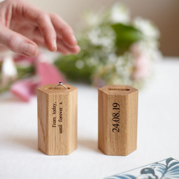Front and Back view of Oak ring holder.
