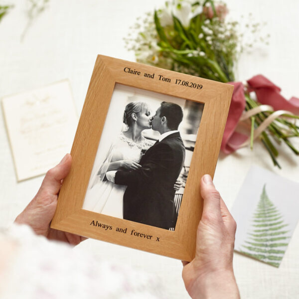 Personalised oak wedding photo frame