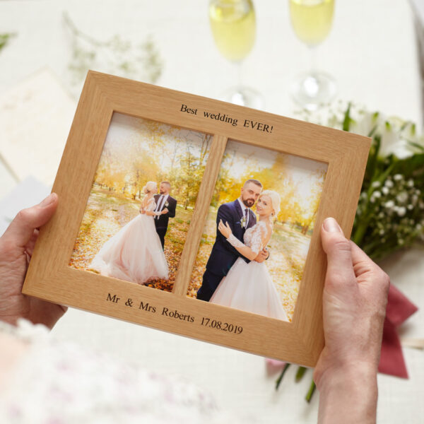 Personalised double oak wedding photo frame