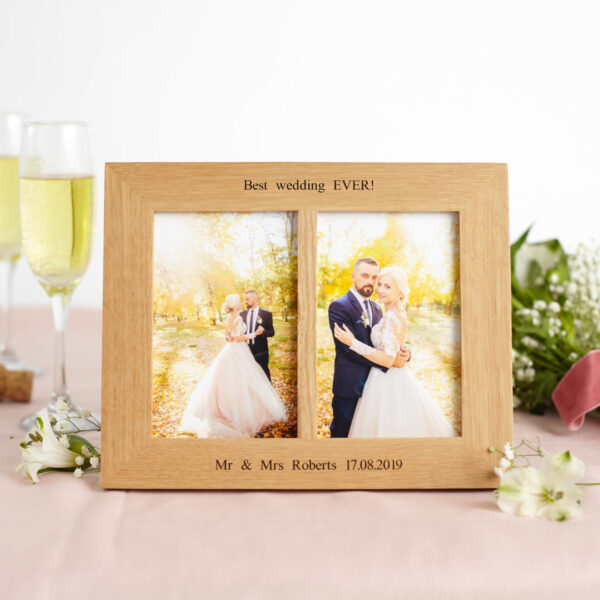 Personalised oak twin aperture wedding photo frame