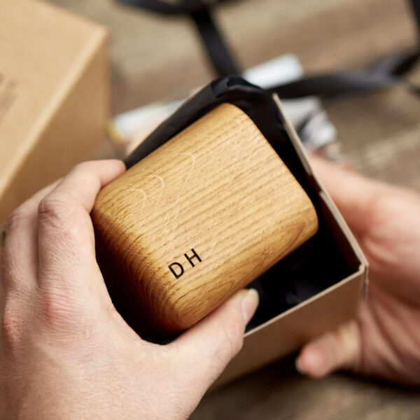 Engraved solid oak whiskey tumbler in gift box
