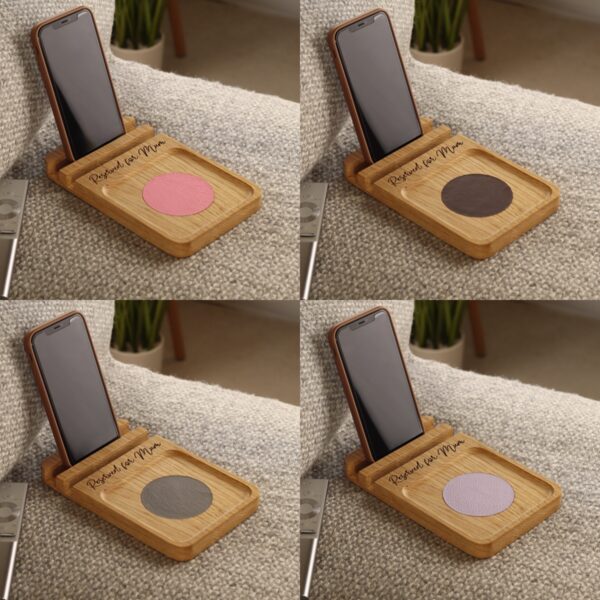 Solid oak sofa coaster with phone stand available with choice of four coloured leather inserts.