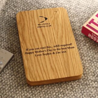 Hidden engraving on solid oak sofa coaster.