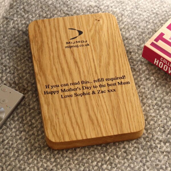 Hidden engraving on solid oak sofa coaster.