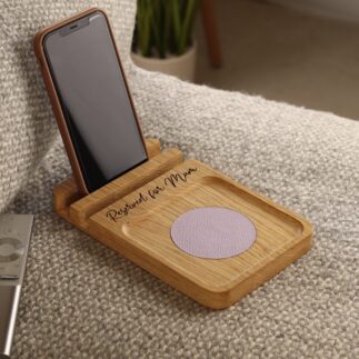 Solid oak sofa coaster with lavender colour leather insert engraved with 'Reserved for Mum'