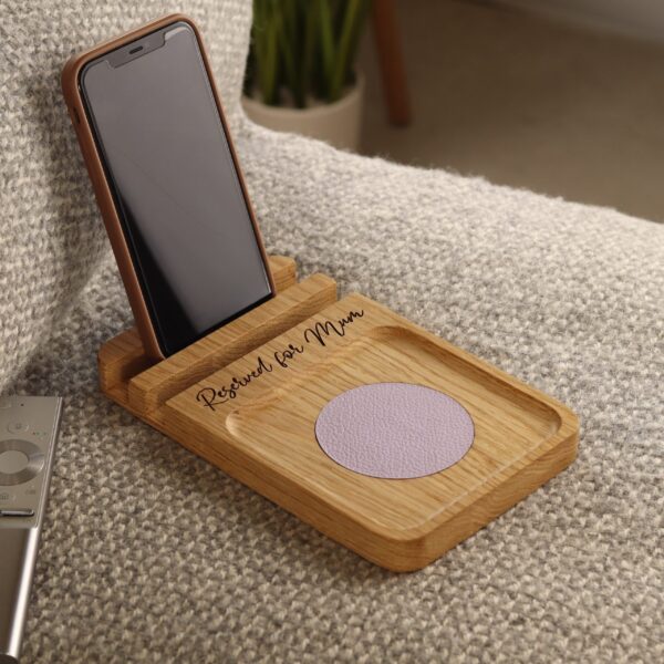 Solid oak sofa coaster with lavender colour leather insert engraved with 'Reserved for Mum'