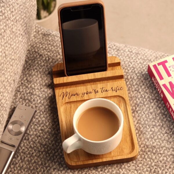 Solid oak sofa coaster engraved with Mum you're tea-rific!