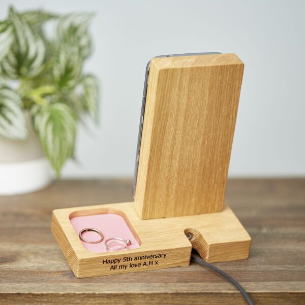 Mijmoj Phone stand with storage tray lined in pink leather