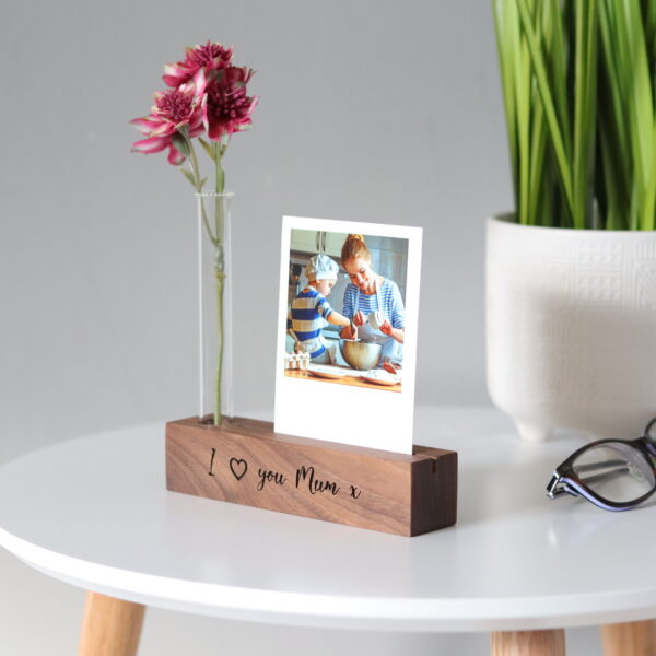 Walnut photo block with stem vase and photo print engraved with a message 'I love you Mum x'
