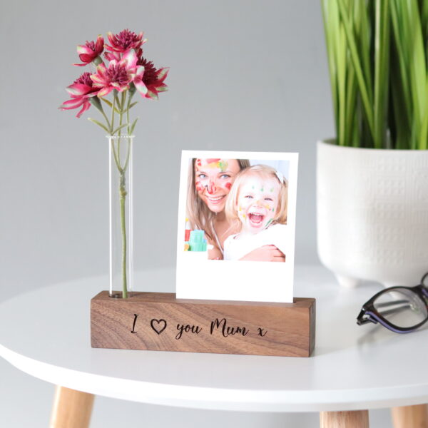 Walnut photo block with stem vase and photo print engraved with a message 'I love you Mum x'