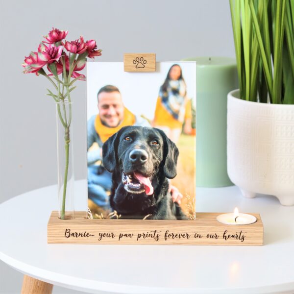 Pet memorial photo block with flower stem vase and candle holder / tea light holder with engraved message