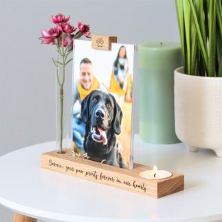 Pet memorial photo block with flower stem vase and candle holder / tea light holder with engraved message