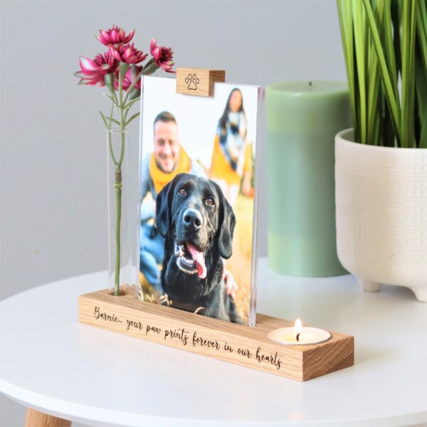 Pet memorial photo block with flower stem vase and candle holder / tea light holder with engraved message