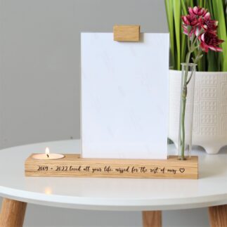 Pet memorial photo block with flower stem vase and candle holder / tea light holder with hidden engraved message