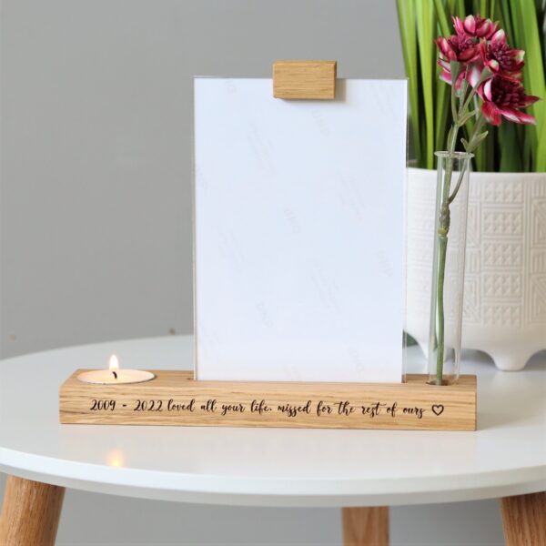 Pet memorial photo block with flower stem vase and candle holder / tea light holder with hidden engraved message
