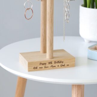 Double solid oak jewellery hanger / necklace stand with engraved birthday message
