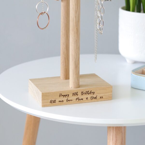 Double solid oak jewellery hanger / necklace stand with engraved birthday message
