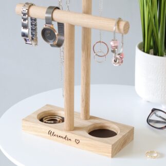 Double solid oak jewellery hanger / necklace stand with engraved message and brown leather lined ring trays