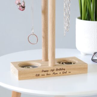 Double solid oak jewellery hanger / necklace stand with engraved birthday message and leather lined ring trays