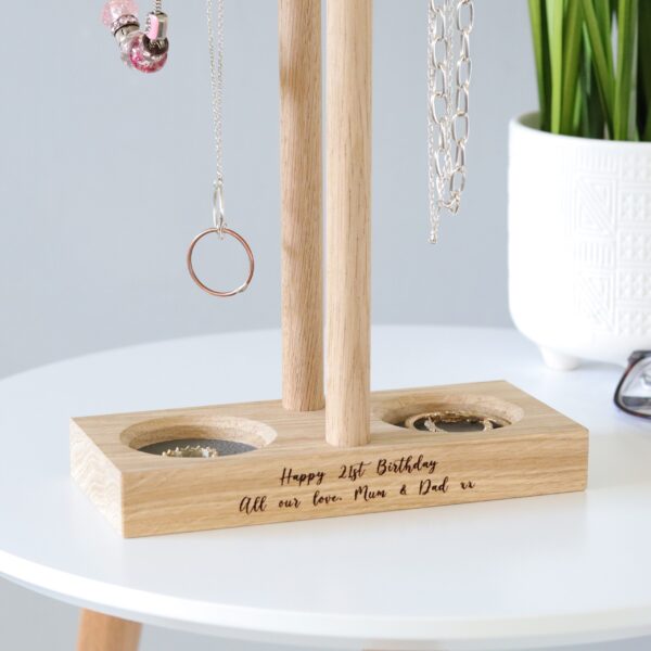 Double solid oak jewellery hanger / necklace stand with engraved birthday message and leather lined ring trays