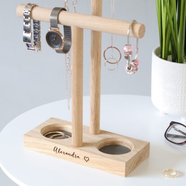 Double solid oak jewellery hanger / necklace stand with engraved message and grey leather lined ring trays