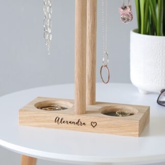 Double solid oak jewellery hanger / necklace stand with engraved message and leather lined ring trays