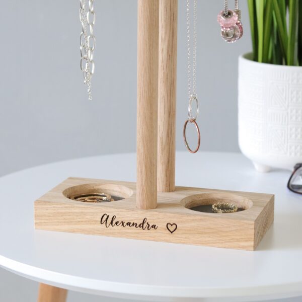 Double solid oak jewellery hanger / necklace stand with engraved message and leather lined ring trays