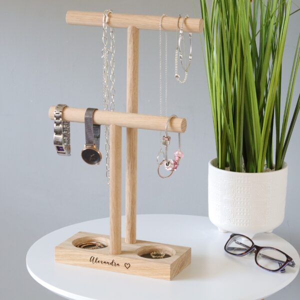 Double solid oak jewellery hanger / necklace stand with engraved message and leather lined ring trays