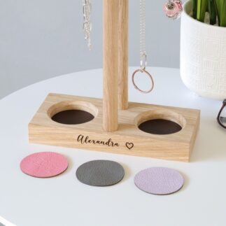 Double solid oak jewellery hanger / necklace stand with engraved message and leather lined ring trays