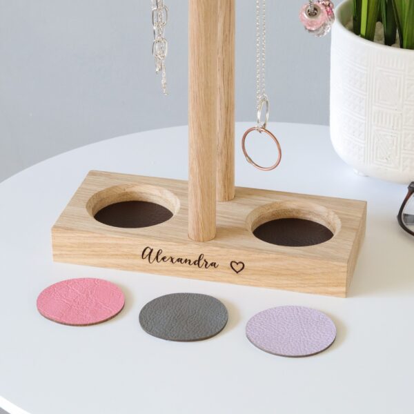 Double solid oak jewellery hanger / necklace stand with engraved message and leather lined ring trays