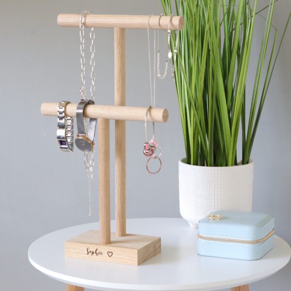 Double solid oak jewellery hanger / necklace stand with engraved message