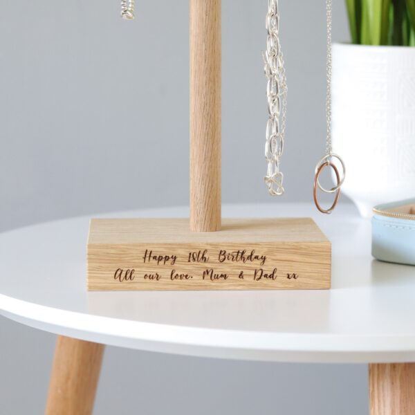 Single solid oak jewellery hanger / necklace stand with engraved 18th birthday message on base
