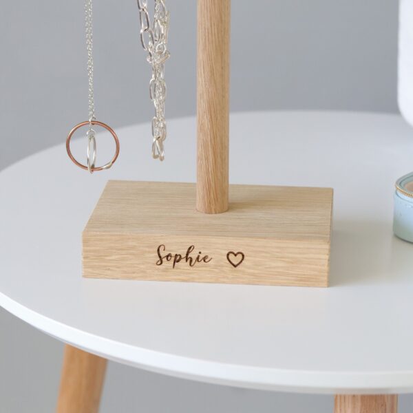 Single solid oak jewellery hanger / necklace stand with engraved message on base