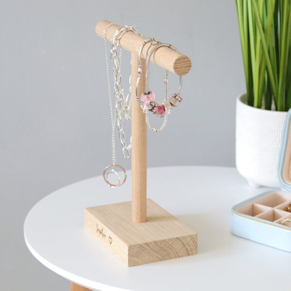 Single solid oak jewellery hanger / necklace stand with engraved message