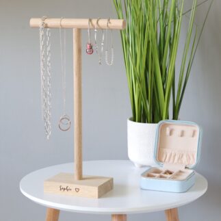 Single solid oak jewellery hanger / necklace stand with engraved message