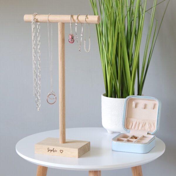 Single solid oak jewellery hanger / necklace stand with engraved message