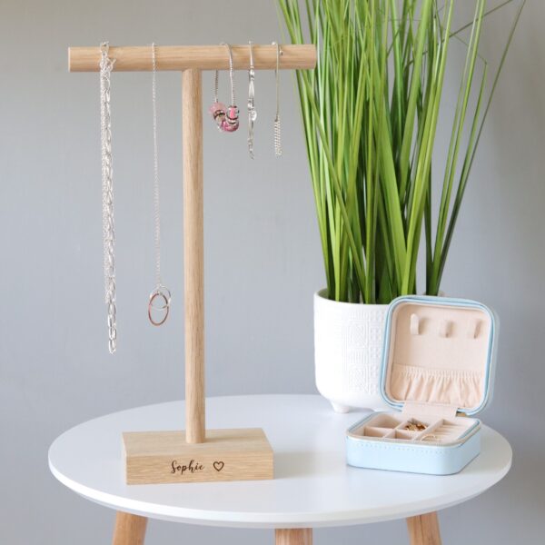 Single solid oak tall jewellery hanger / necklace stand with engraved message
