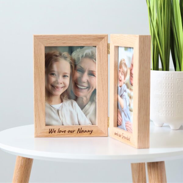 Hinged double photo frame in solid oak with engraved message. Gift for Grandparents