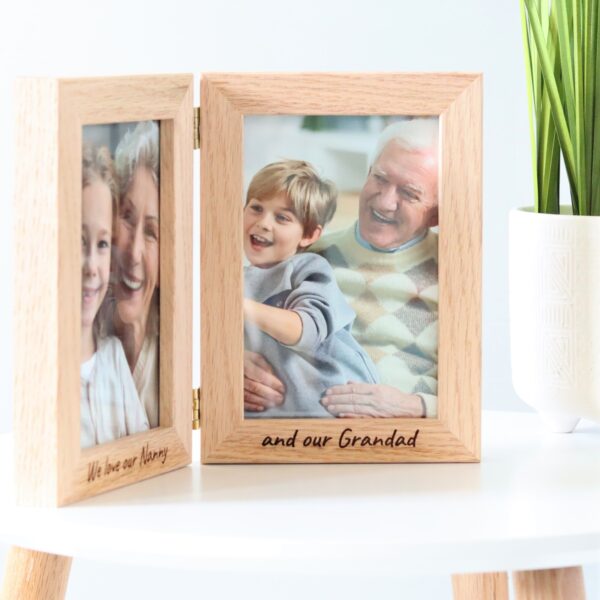 Hinged double photo frame in solid oak with engraved message. Gift for Grandparents
