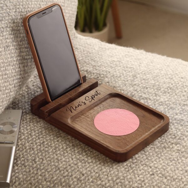 Walnut sofa coaster with pink leather insert
