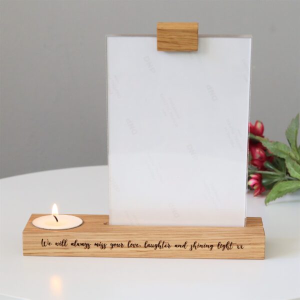 Hidden message on memorial photo block and candle holder