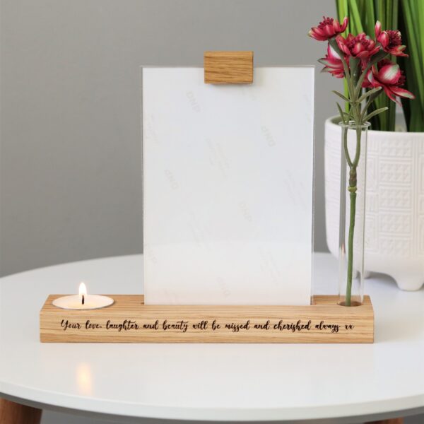 Memorial photo block with flower stem vase and candle holder / tea light holder with hidden engraved message