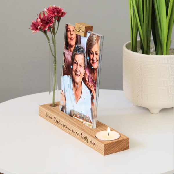 Memorial photo block with stem vase and candle holder
