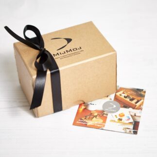 MijMoj branded kraft gift box with black satin ribbon tied in a bow