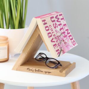 Solid oak bookrest laser engraved with 'Mum's bedtime escape'