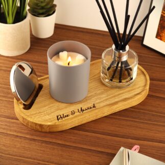Personalised solid oak candle and diffuser tray