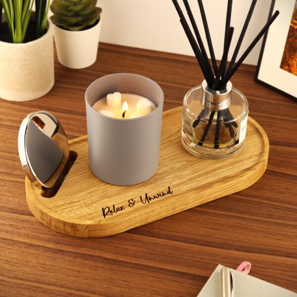 Personalised solid oak candle and diffuser tray
