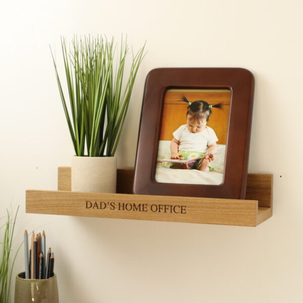Oak display shelf for hom eoffice engraved with Dad's Home Office