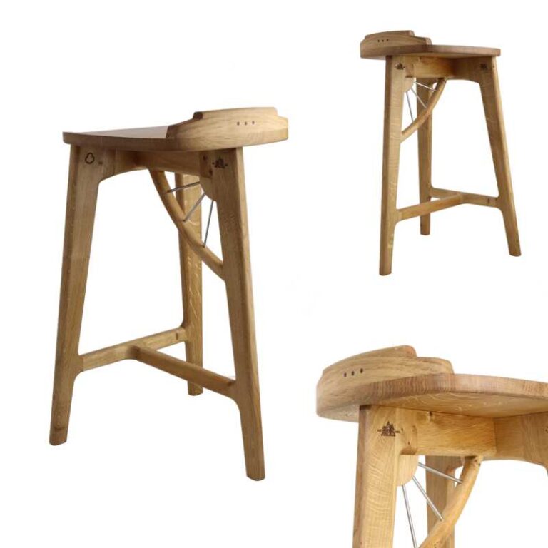 Oak bar stool inspired by Wrexham Eisteddfod ceremonial chair.