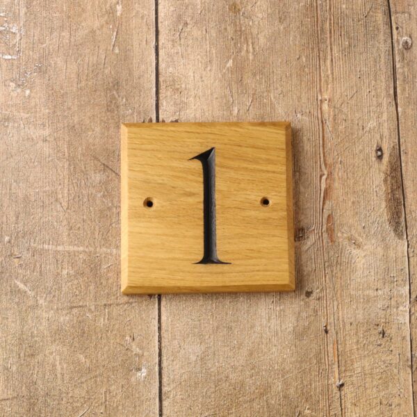 Oak house number plaque in solid oak with number 1 engraved and painted in black